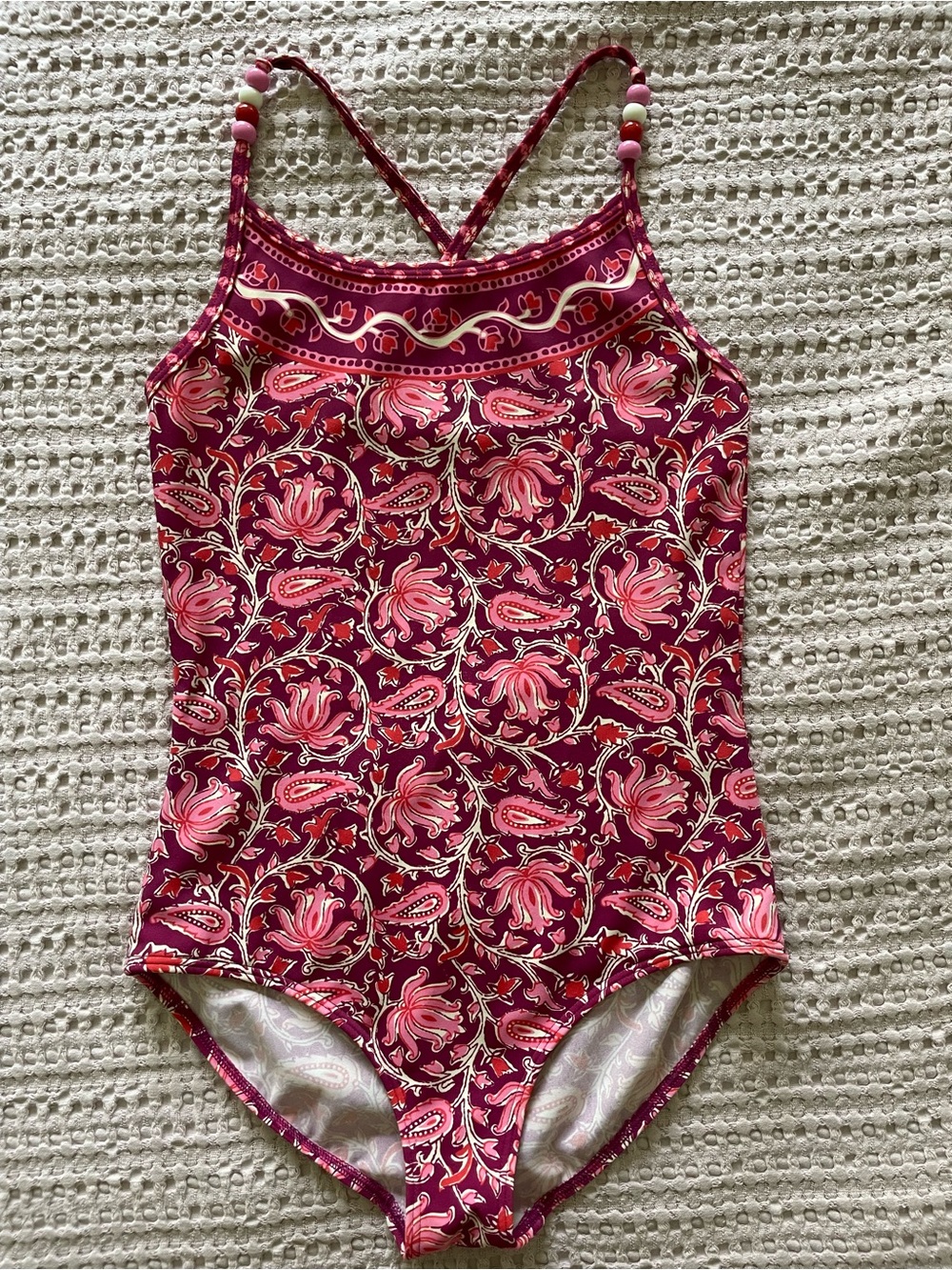 Mini Boden Girls One Piece Swimsuit Floral Beaded Straps Size 9-10Y VGUC